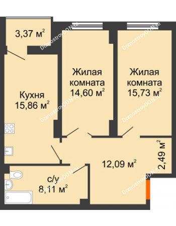 2 комнатная квартира 70,57 м² в ЖК Аврора, дом № 3