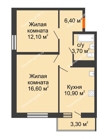 2 комнатная квартира 50,7 м² в ЖК SkyPark (Скайпарк), дом Литер 2