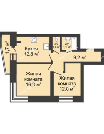 2 комнатная квартира 56,7 м² в ЖК Династия, дом Литер 1
