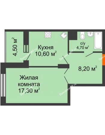 1 комнатная квартира 43,1 м² в ЖК Высота, дом 4 позиция