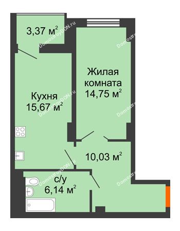1 комнатная квартира 48,28 м² в ЖК Аврора, дом № 3