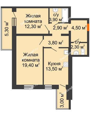 2 комнатная квартира 66,8 м² в ЖК Шестое чувство, дом 2 очередь 3 позиция