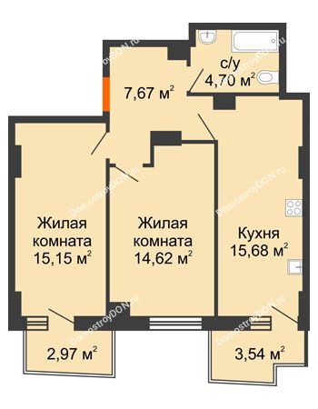2 комнатная квартира 60,13 м² в ЖК Город у реки, дом Литер 8