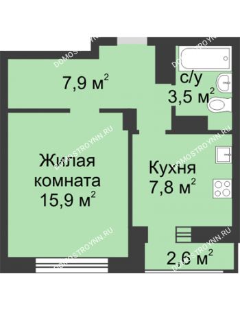 1 комнатная квартира 36,4 м² в ЖК Аквамарин, дом №2