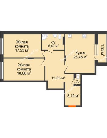 2 комнатная квартира 90,75 м² в ЖК Суворов-Сити, дом 1 очередь секция 6-13