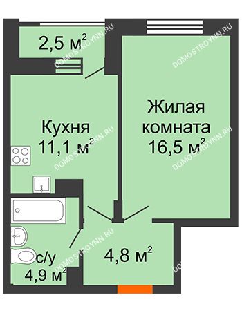 1 комнатная квартира 38,55 м² в ЖК Октава, дом № 7
