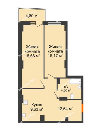 2 комнатная квартира 62,02 м² в ЖК Сердце Ростова 2, дом Литер 8