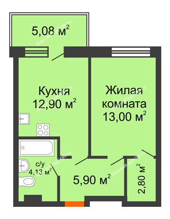 1 комнатная квартира 43,88 м² в ЖК Гвардейский 3.0, дом Секция 1