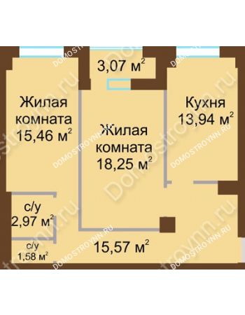 2 комнатная квартира 68,9 м² - ЖК Грани