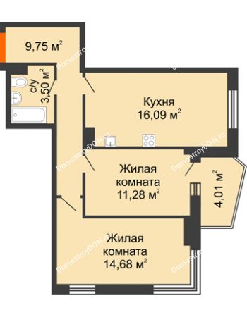 2 комнатная квартира 57,31 м² в ЖК Сердце Ростова 2, дом Литер 2