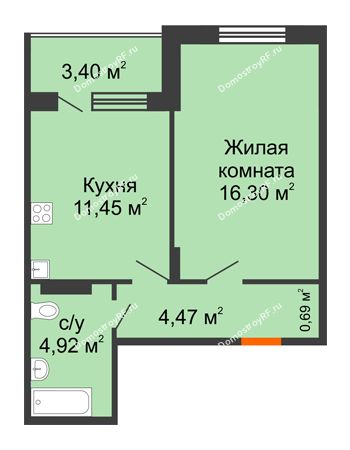 1 комнатная квартира 39,53 м² - ЖК Розмарин