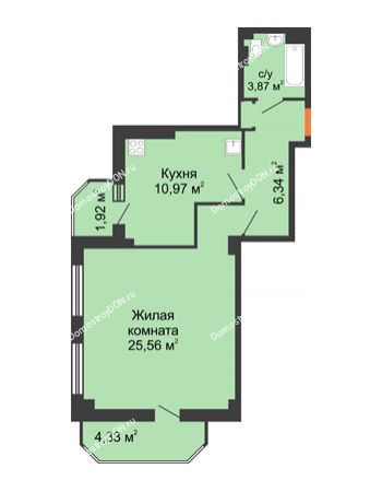 1 комнатная квартира 53,35 м² - ЖК Гармония