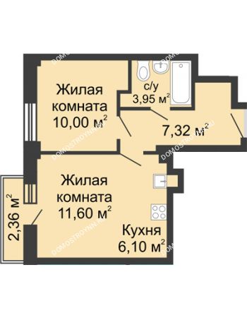 2 комнатная квартира 39,68 м² - ЖК Каскад на Волжской