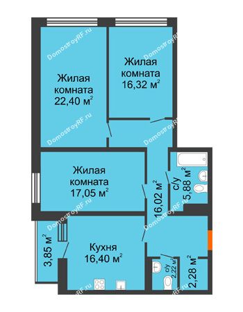 3 комнатная квартира 100,03 м² в ЖК Бунин, дом 1 этап, секции 11,12,13,14