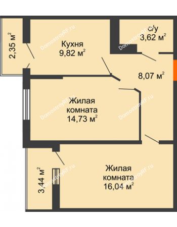 2 комнатная квартира 54,7 м² в ЖК Семейный парк, дом Литер 2