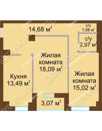 2 комнатная квартира 67,4 м² - ЖК Грани