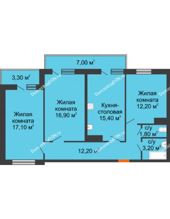 3 комнатная квартира 82,05 м² в ЖК SkyPark (Скайпарк), дом Литер 2