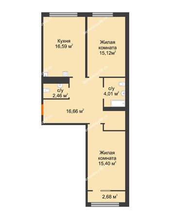 2 комнатная квартира 71,58 м² в ЖК Акватория	, дом ГП-1