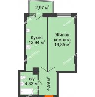 1 комнатная квартира 39,64 м² в ЖК Город у реки, дом Литер 7 - планировка