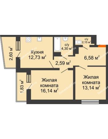 2 комнатная квартира 62,06 м² в ЖК Мой город, дом Литер 3