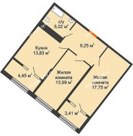 2 комнатная квартира 63,77 м² в ЖК Сердце, дом № 1 - планировка