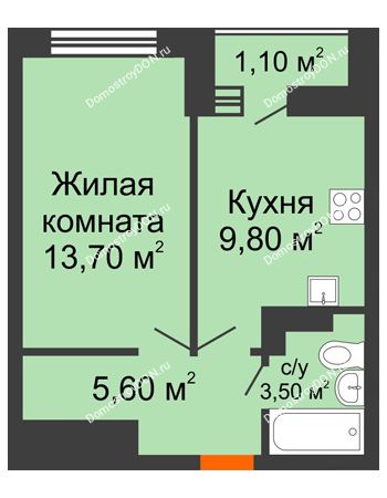 1 комнатная квартира 33,7 м² в ЖК SkyPark (Скайпарк), дом Литер 1, корпус 1, блок-секция 2-3
