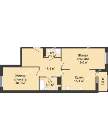 2 комнатная квартира 78,45 м² в ЖК Сердце Нижнего, дом № 35