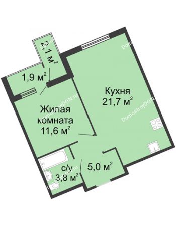 1 комнатная квартира 43,6 м² - ЖК Доломановский	