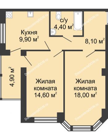 2 комнатная квартира 59,9 м² в ЖК Мега, дом № 118, секция 2