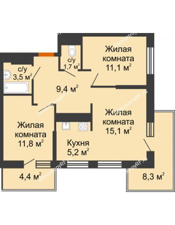 2 комнатная квартира 57,8 м² в ЖК Отражение, дом Литер 1.2