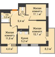 2 комнатная квартира 57,8 м² в ЖК Отражение, дом Литер 1.2 - планировка