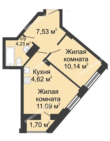 2 комнатная квартира 38,46 м² - ЖК Каскад на Волжской