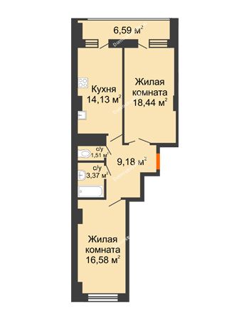 2 комнатная квартира 66,51 м² в ЖК Встреча, дом № 1