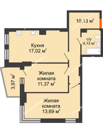 2 комнатная квартира 58,19 м² в ЖК Сердце Ростова 2, дом Литер 8