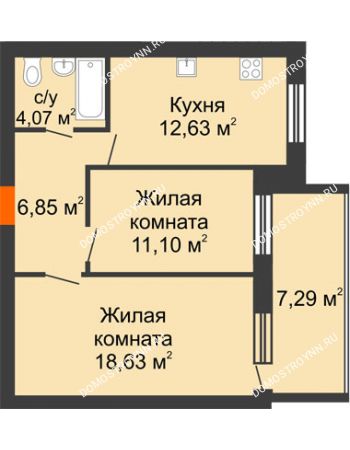 2 комнатная квартира 56,93 м² в ЖК Свобода, дом 1 очередь