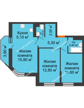 3 комнатная квартира 59,3 м² в ЖК Южный Берег, дом Литер 4
