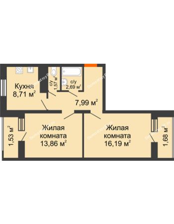 2 комнатная квартира 54,22 м² в ЖК Новая заря, дом Квартал 1, позиция 1