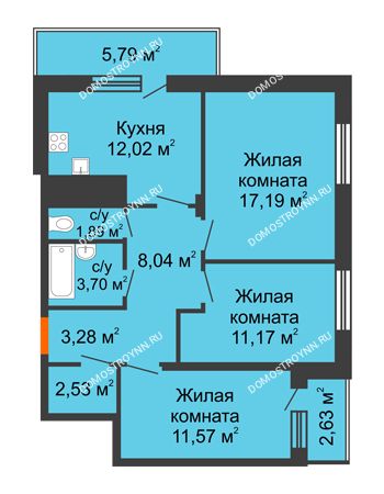 3 комнатная квартира 74,44 м² в ЖК Циолковский, дом № 6
