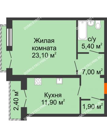 1 комнатная квартира 50,5 м² - ЖД по ул. Кирова