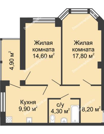 2 комнатная квартира 59,7 м² в ЖК Мега, дом № 118, секция 2
