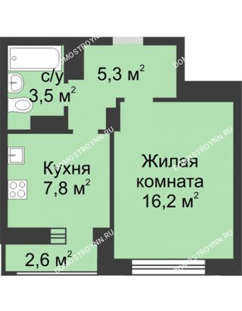 1 комнатная квартира 34,1 м² в ЖК Аквамарин, дом №2