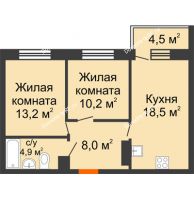 2 комнатная квартира 56,1 м² в ЖК Отражение, дом Литер 2.1 - планировка