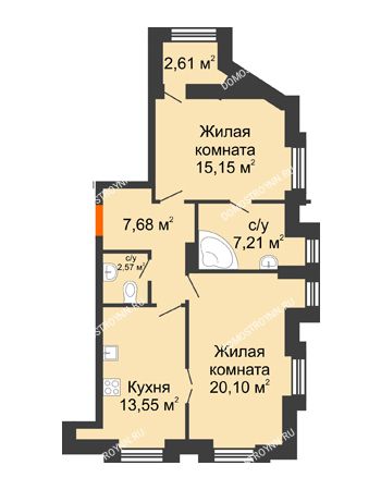 2 комнатная квартира 67,57 м² в ЖК Дом на Провиантской, дом № 12