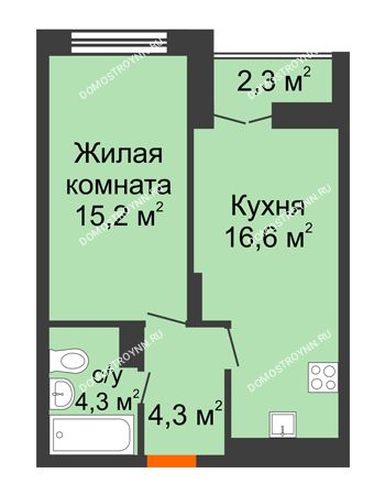 1 комнатная квартира 41,55 м² в ЖК Заречье, дом № 1, секция 2