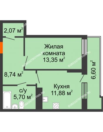1 комнатная квартира 45,04 м² в ЖК Циолковский, дом № 3