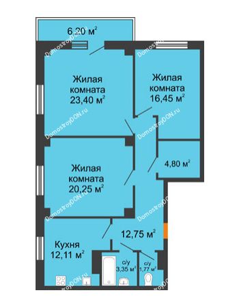 3 комнатная квартира 96,72 м² в ЖК Сокол на Оганова, дом Литер 6