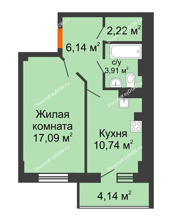 1 комнатная квартира 44,24 м² в ЖК Горизонт, дом № 2