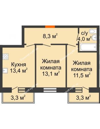 2 комнатная квартира 52,3 м² в ЖК Оазис 2, дом Литер 6