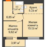 2 комнатная квартира 44,61 м² в ЖК На Хмельницкого	, дом № 3 - планировка