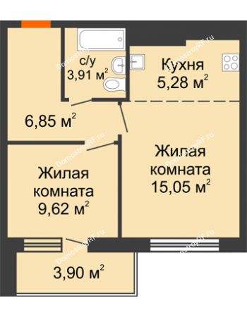 2 комнатная квартира 44,61 м² в ЖК На Хмельницкого	, дом № 3